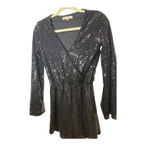 Chelsea & Violet Black Sequin Romper. Flare Sleeves. Size XS